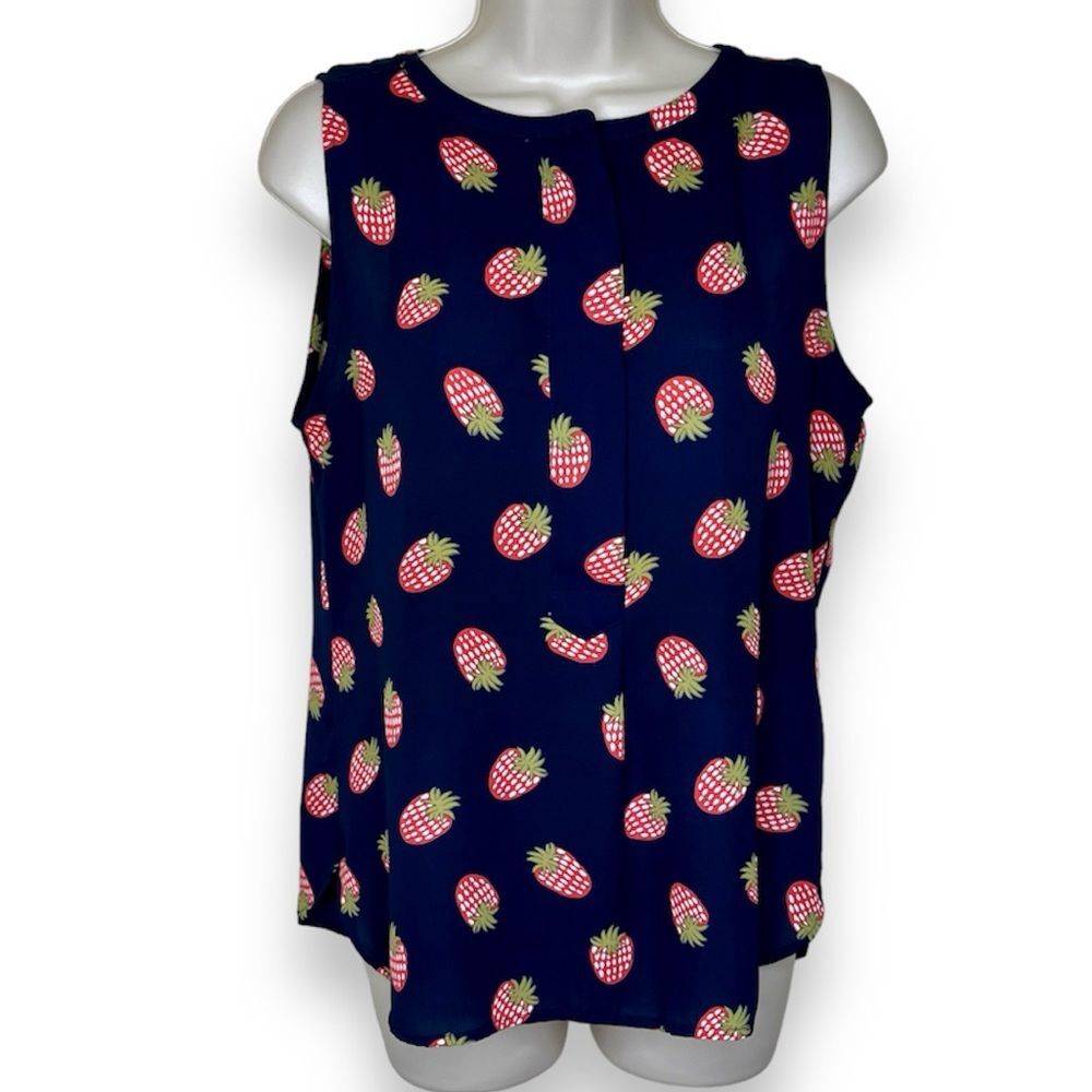 Loft Strawberry Sleeveless Navy Red Green Button Placket Popover Top Women Small